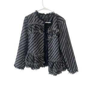 Ann Taylor Womens Black White Tweed Fringe Ruffle Open Front Jacket Size 8 NWT